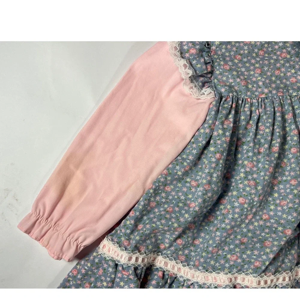 Vintage Floral Prairie Dress Toddler Size 3T Pink Blue Lace Trim Embroidered